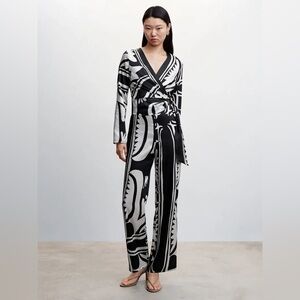 MNG Mango S Lena Abstract Print Black & White Satin Jumpsuit Contemporary Career